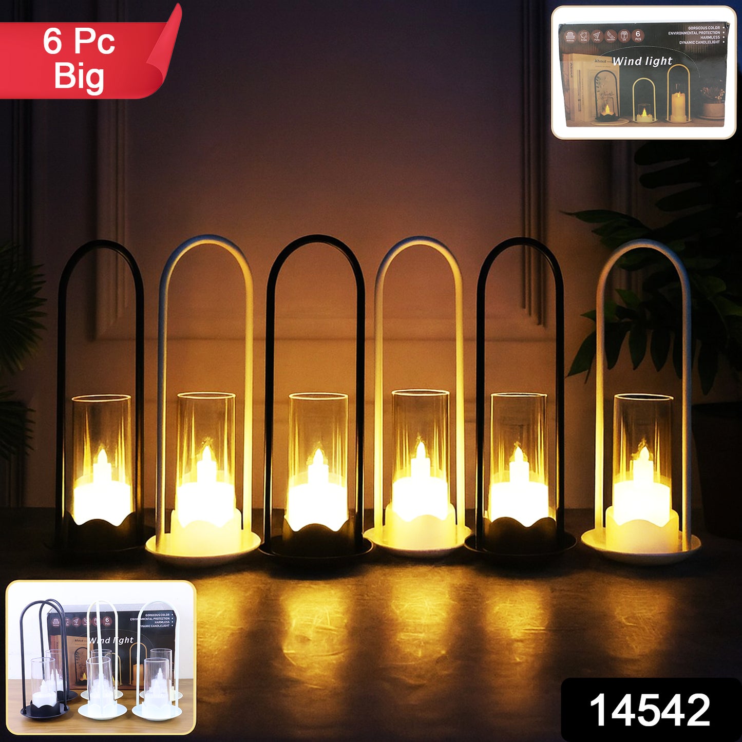 Set of six Wukusy Big Wind Light style flameless LED candles for home decor, featuring realistic flickering flames and decorative design