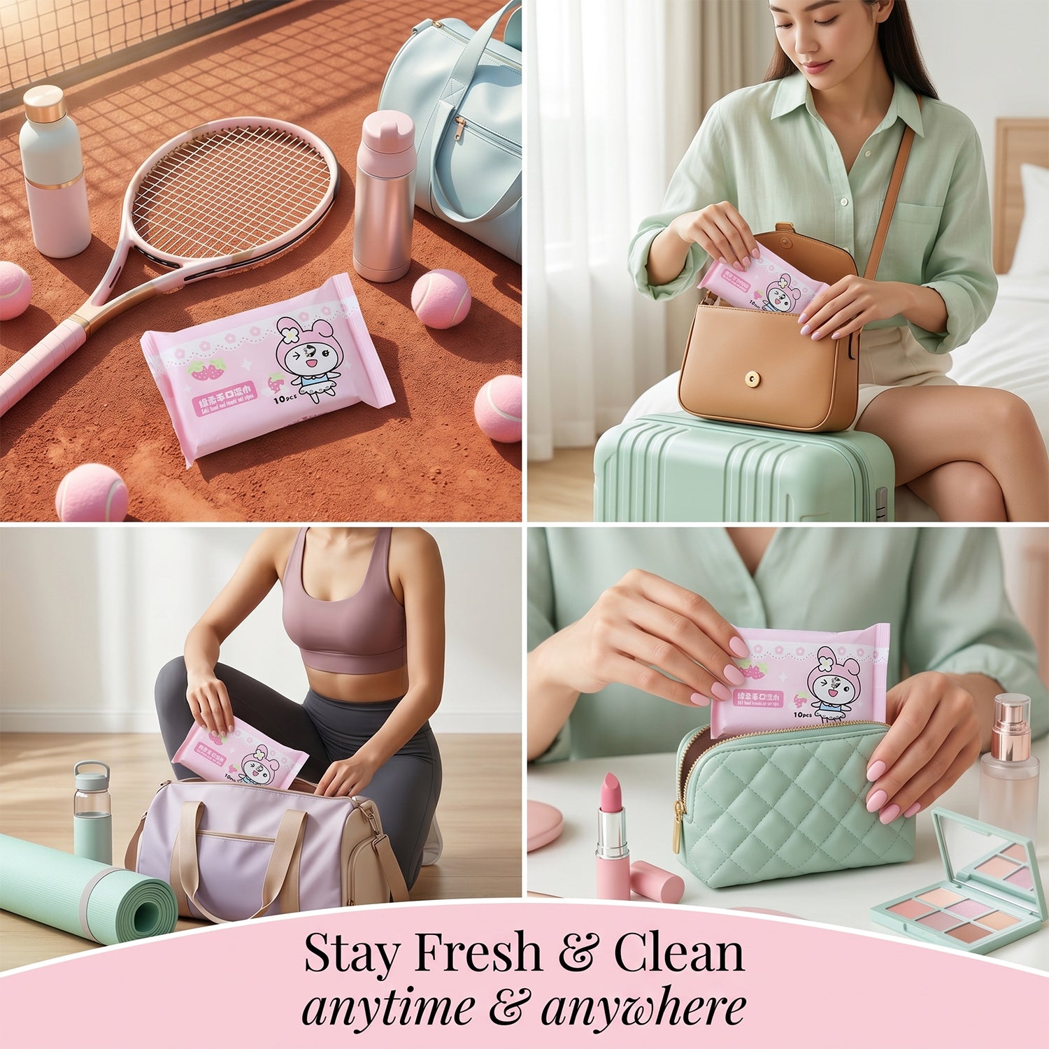 Wukusy cartoon printed soft wet wipes pack with 10 disposable wipes featuring colorful cartoon designs on the packaging.