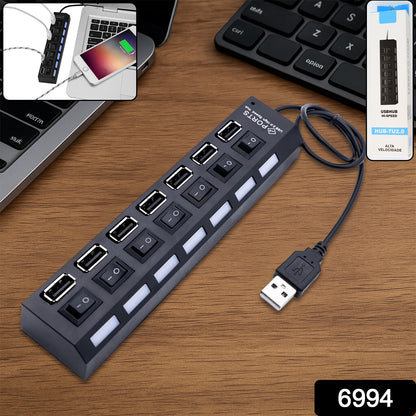 Wukusy 7-port USB 2.0 hub with independent on/off switches, LED indicators, connects to PC, laptop, mobile, HDD, and camera.