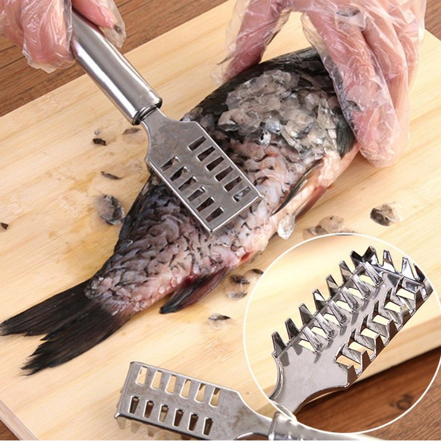 Wukusy stainless steel fish scale remover and scraper with sawtooth edges, designed for easy fish cleaning in the kitchen.
