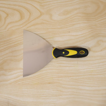 Wukusy stainless steel putty scraper with 145mm flexible blade for wall filler, shown in a close-up view.