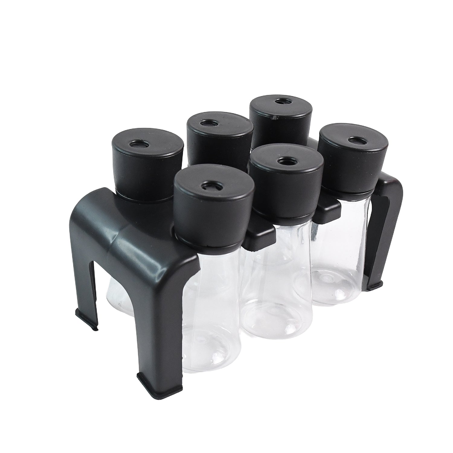 Set of six Wukusy plastic spice jars with matching stand, ideal for organized kitchen storage and spice display.
