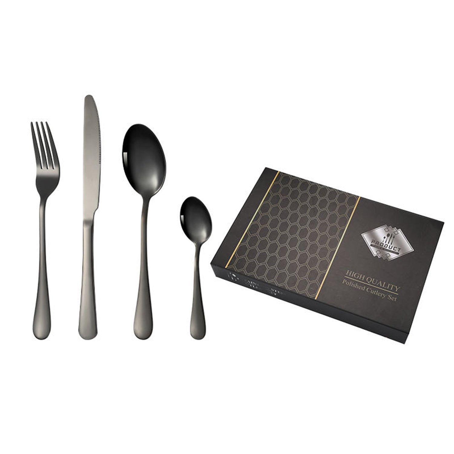 Polished stainless steel cutlery set with 24 pieces, including knives, forks, and spoons, for home and kitchen use.