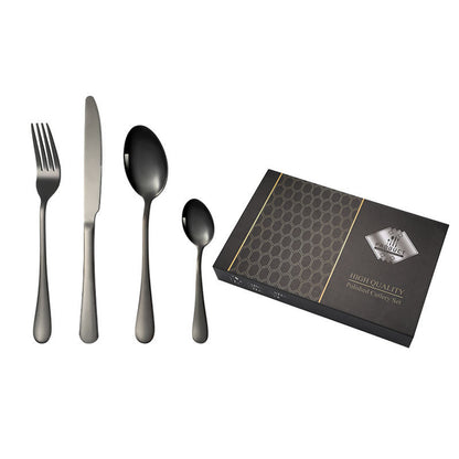 Polished stainless steel cutlery set with 24 pieces, including knives, forks, and spoons, for home and kitchen use.