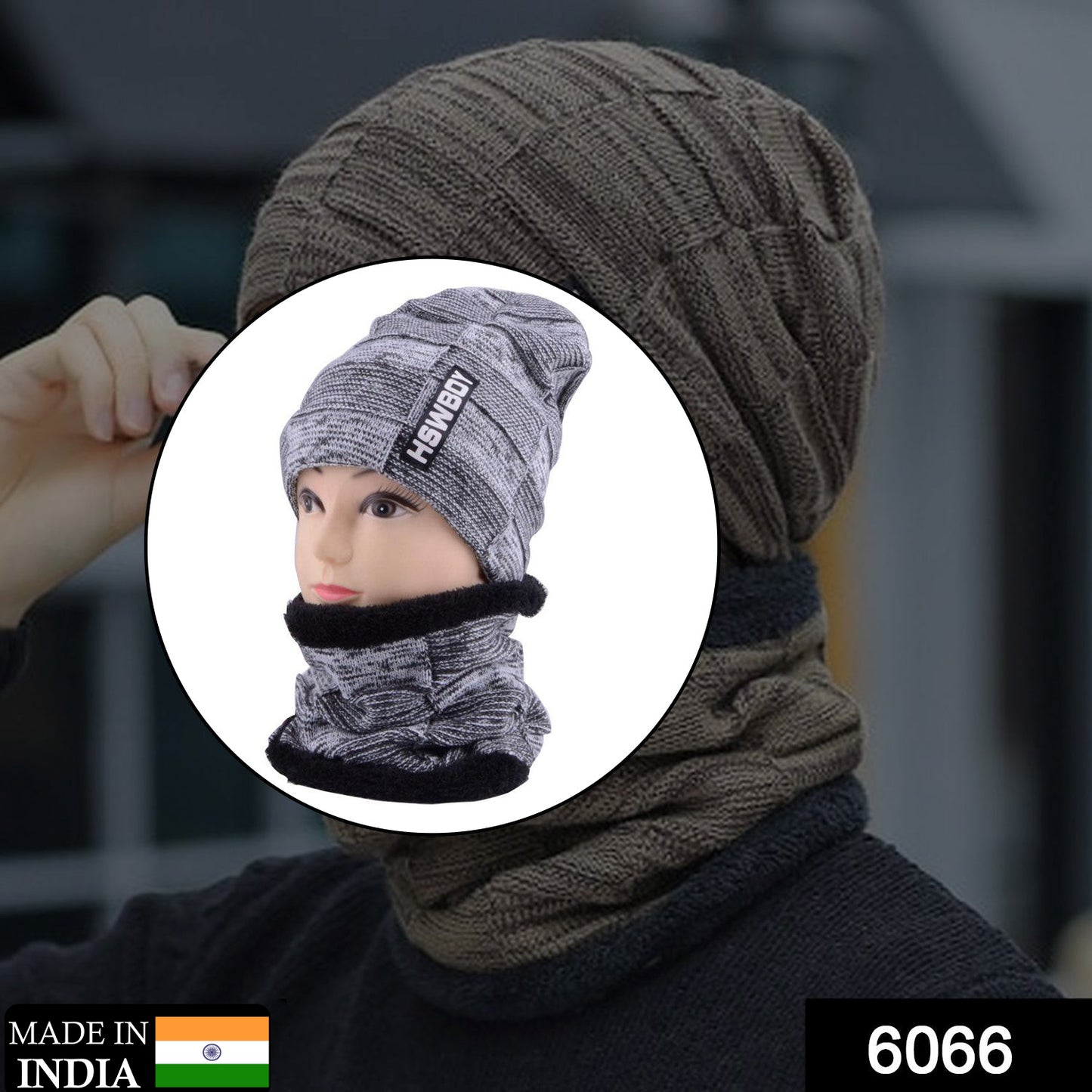 Wukusy 6066 ultra soft unisex woolen beanie cap and muffler scarf, cozy winter fashion accessories in neutral tones.
