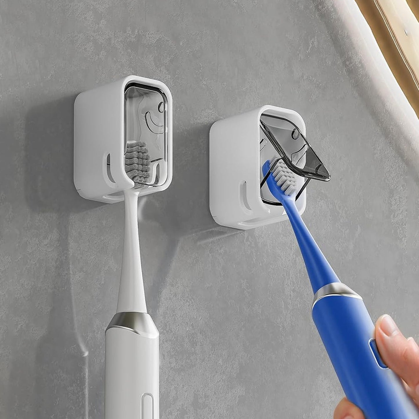 Wukusy self-adhesive dustproof toothbrush holder mounted on wall, space-saving design with a sleek, minimalist look.