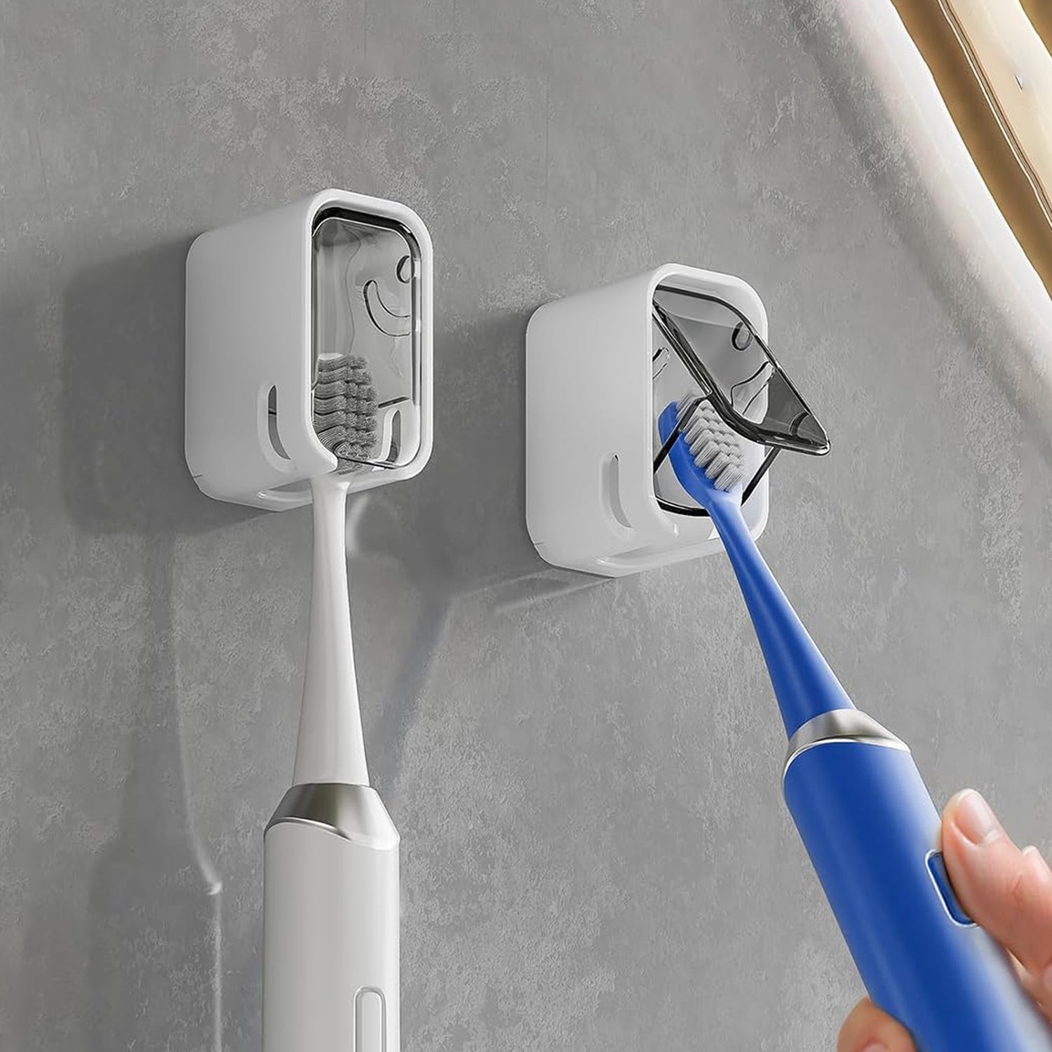 Wukusy self-adhesive dustproof toothbrush holder mounted on wall, space-saving design with a sleek, minimalist look.