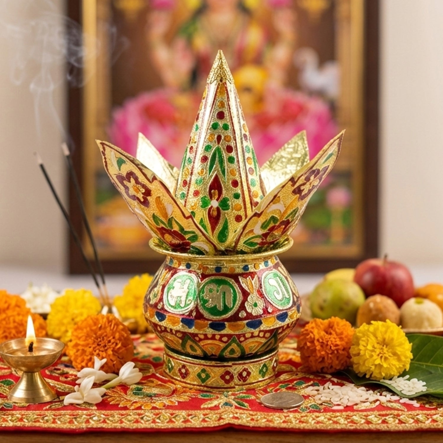 Traditional decorative Pooja Kalash set by Wukusy with intricate designs and vibrant colors, used for religious rituals and ceremonies.