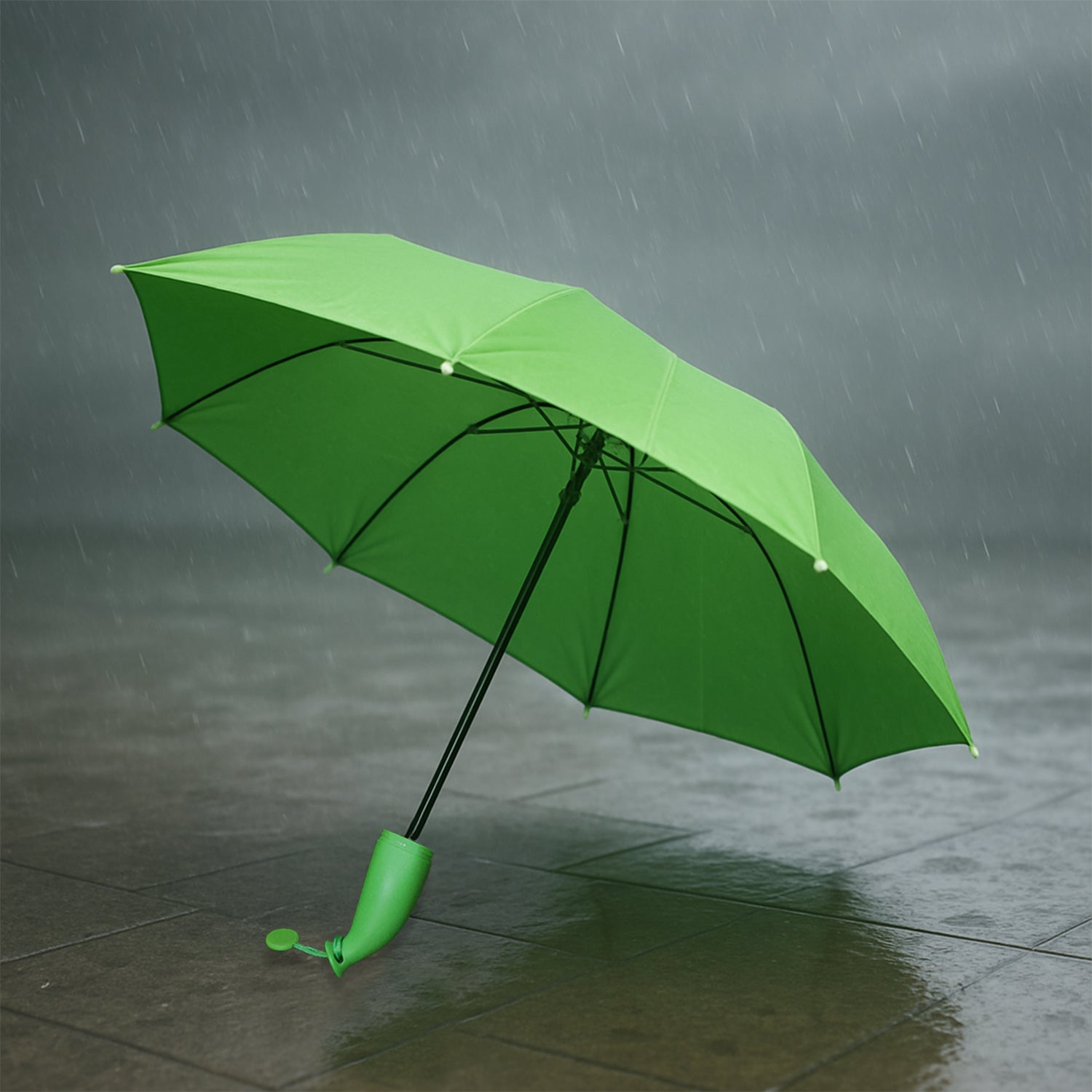 Green Wukusy travel mini foldable umbrella shaped like a banana, compact and stylish for quick rain protection.