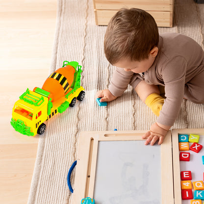 Wukusy cement mixer truck pushback toy for kids, featuring colorful plastic construction and realistic truck details.