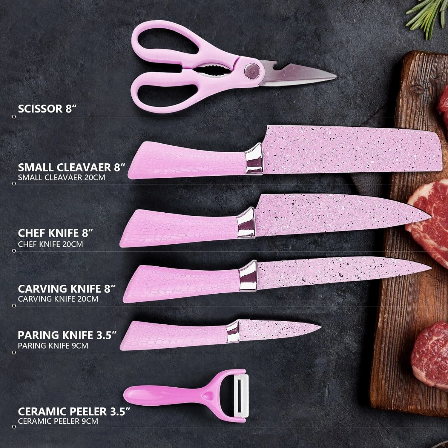 Wukusy 6-piece stainless steel chef knife set with ceramic coating, including scissors and peeler, on a kitchen countertop.