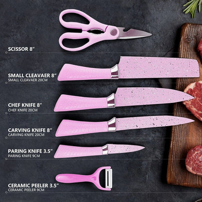 Wukusy 6-piece stainless steel chef knife set with ceramic coating, including scissors and peeler, on a kitchen countertop.