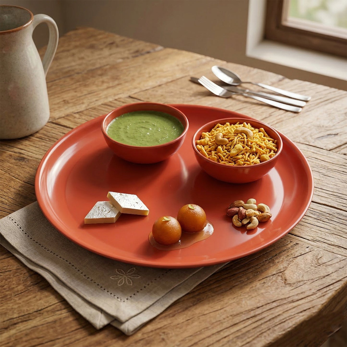 Set of three colorful serving plates and six bowls from Wukusy, ideal for family meals and gatherings.
