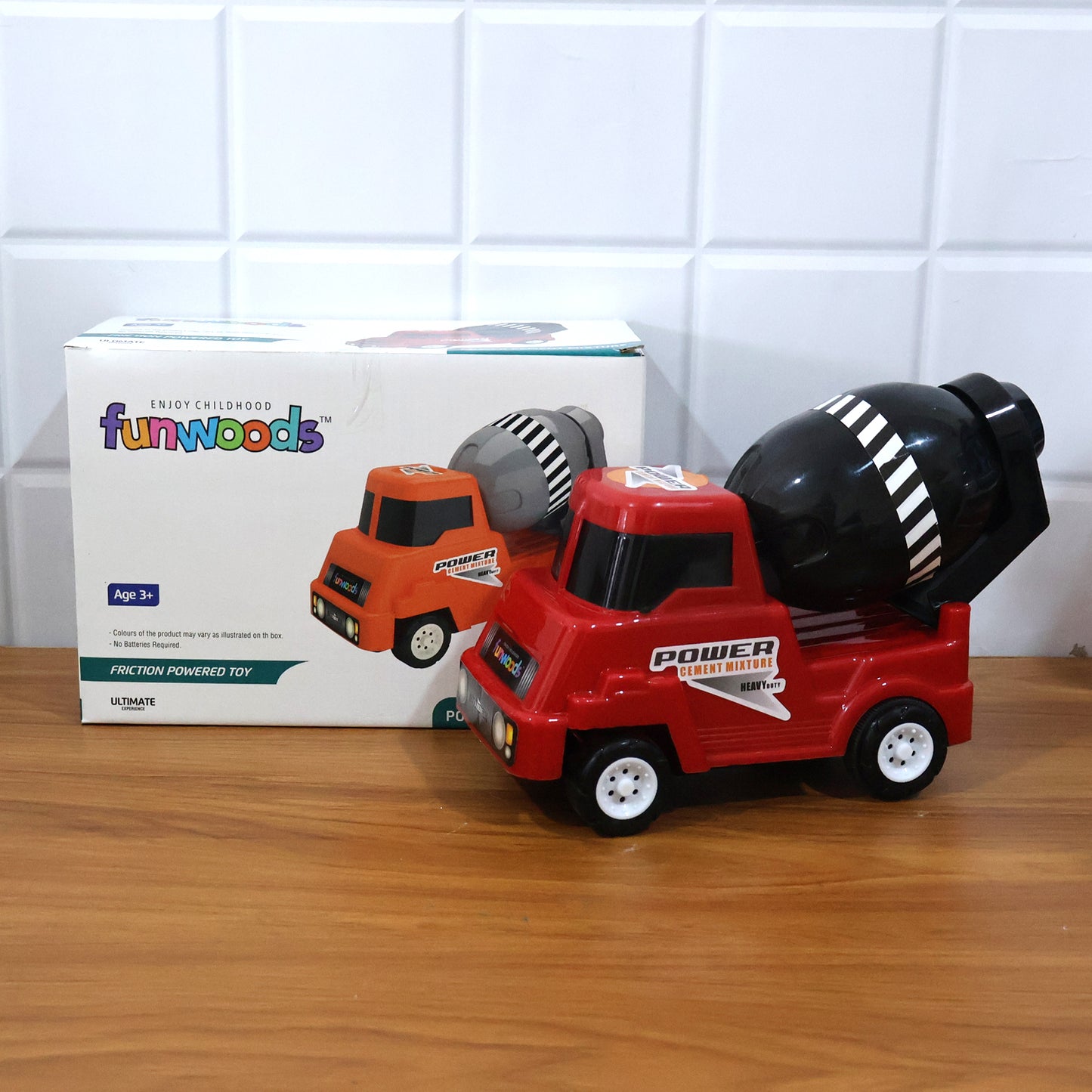 Wukusy Funwoods Kids Power Cement Mixture Toy Truck, durable plastic construction, blue and yellow colors, realistic toy vehicle for children
