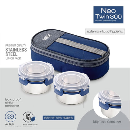 Wukusy Ganesh Neo Twin 400 lunch box set with insulated carry bag, featuring two stainless steel containers and carrying handle