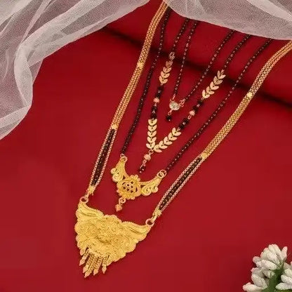 Set of four feminine elegant gold-plated alloy mangalsutras with artificial beads, non-adjustable, free size, jewelry by Ekom.