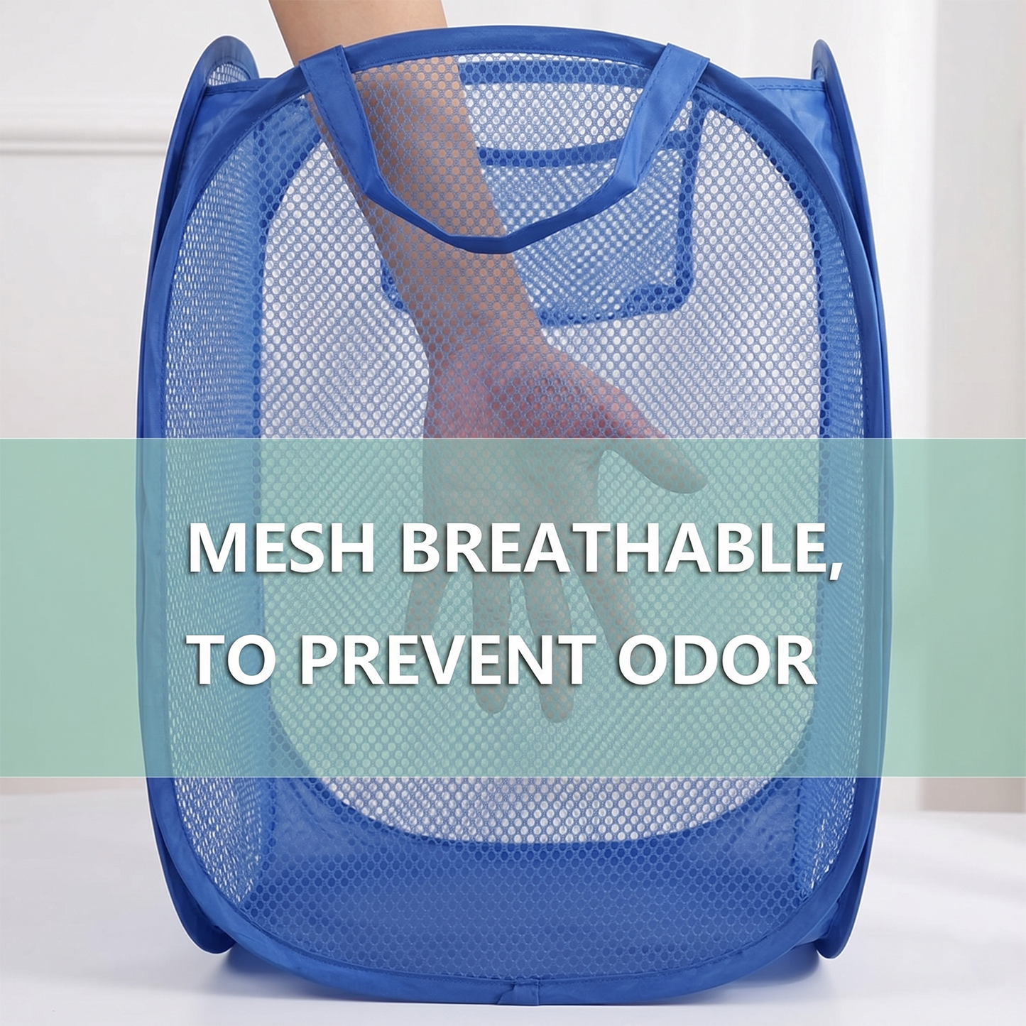 Lightweight Wukusy pop-up mesh laundry basket with handles, 34x34x58cm, for storing clothes and laundry in a modern home.