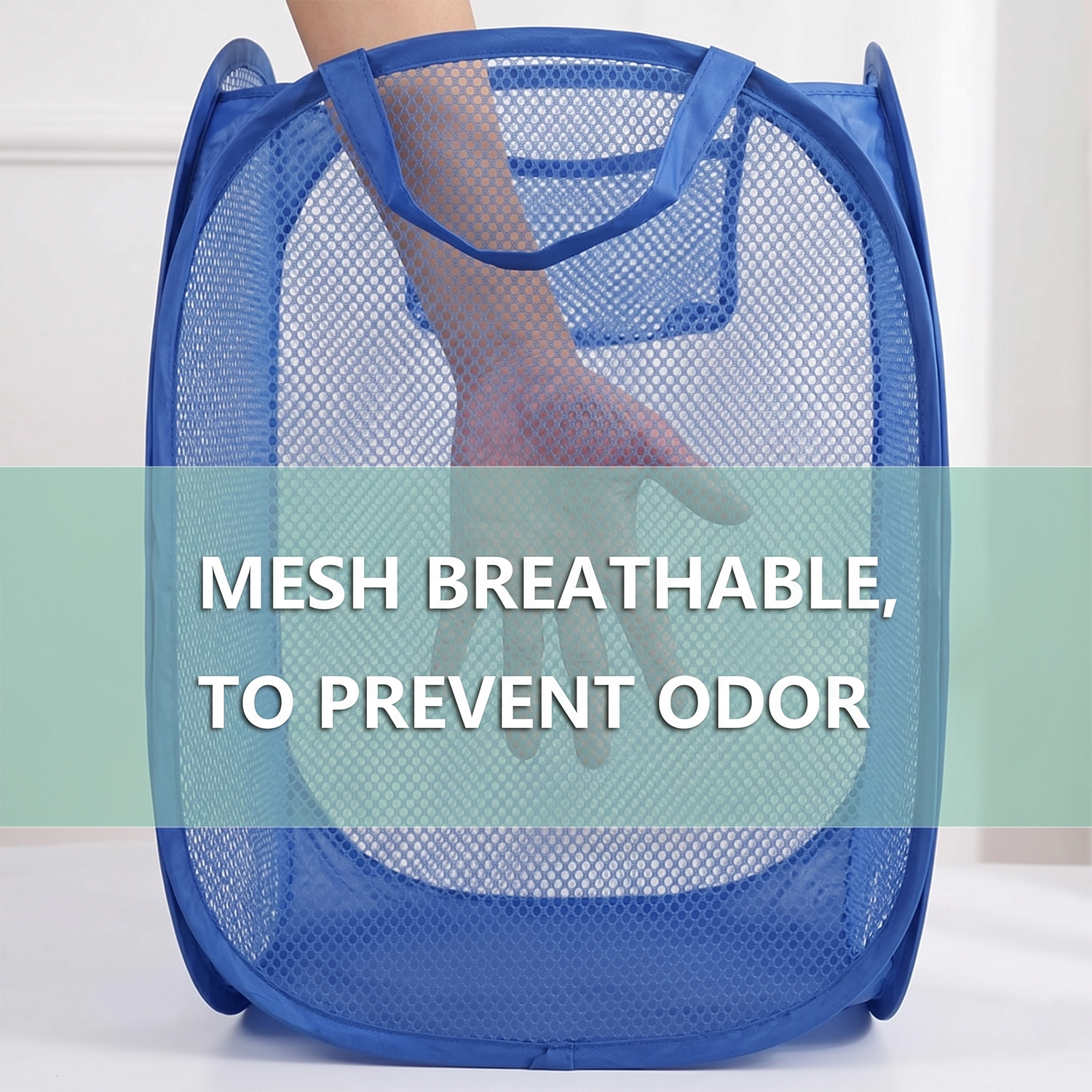 Lightweight Wukusy pop-up mesh laundry basket with handles, 34x34x58cm, for storing clothes and laundry in a modern home.