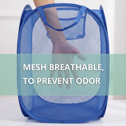 Lightweight Wukusy pop-up mesh laundry basket with handles, 34x34x58cm, for storing clothes and laundry in a modern home.