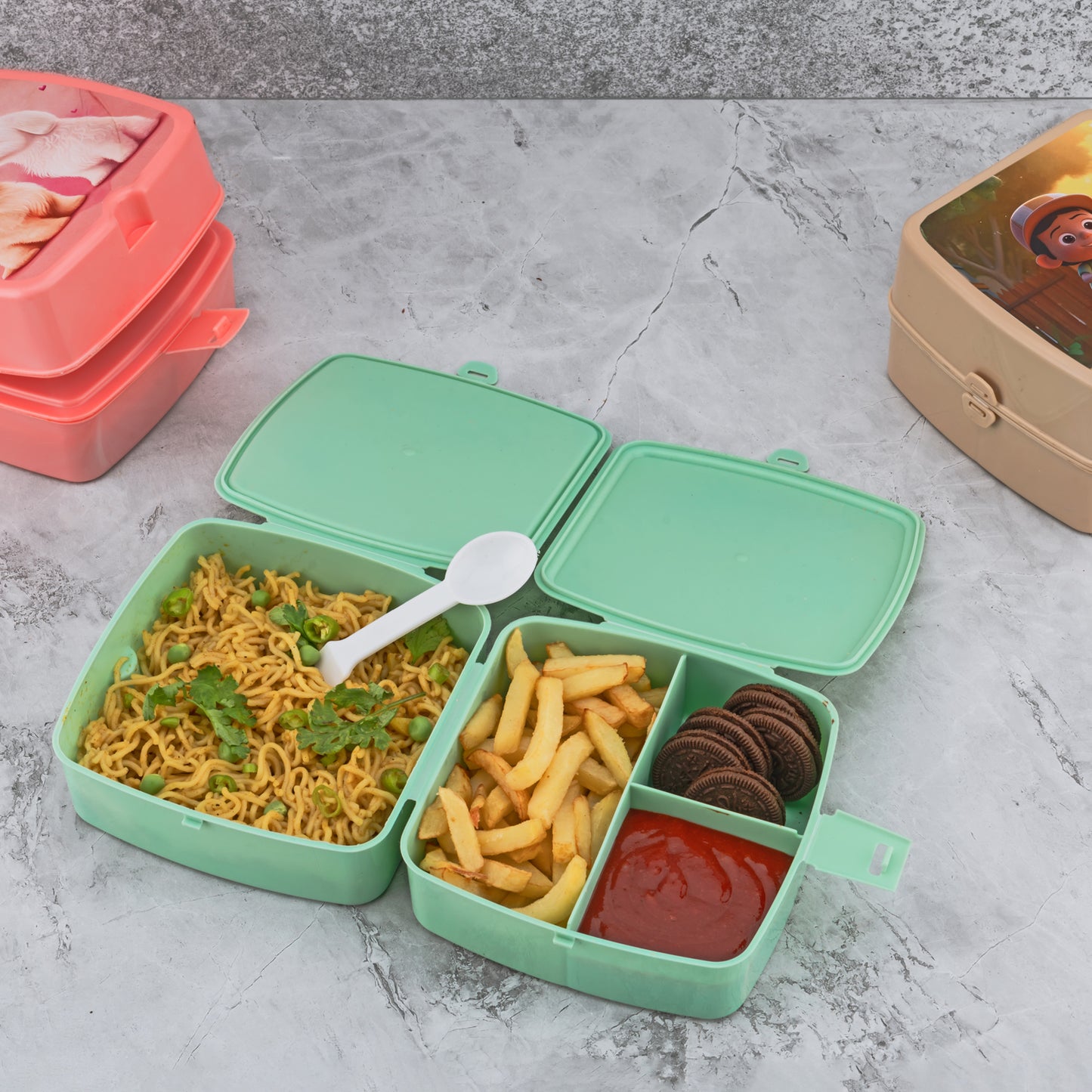 Wukusy double-layer square plastic lunch box with spoon, 4 compartments, push lock, suitable for school, travel, office, and home use