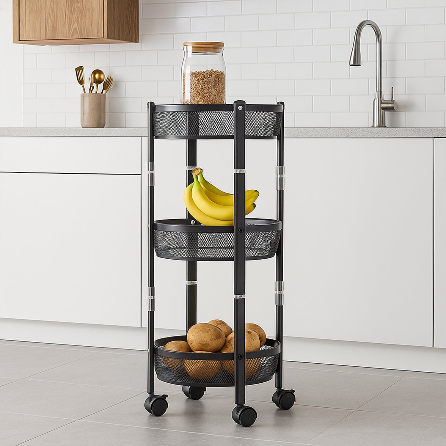 Wukusy 3-layer round metal mesh utility storage trolley with wheels for home improvement, featuring sturdy metal construction and versatile storage.