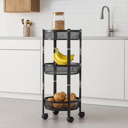 Wukusy 3-layer round metal mesh utility storage trolley with wheels for home improvement, featuring sturdy metal construction and versatile storage.
