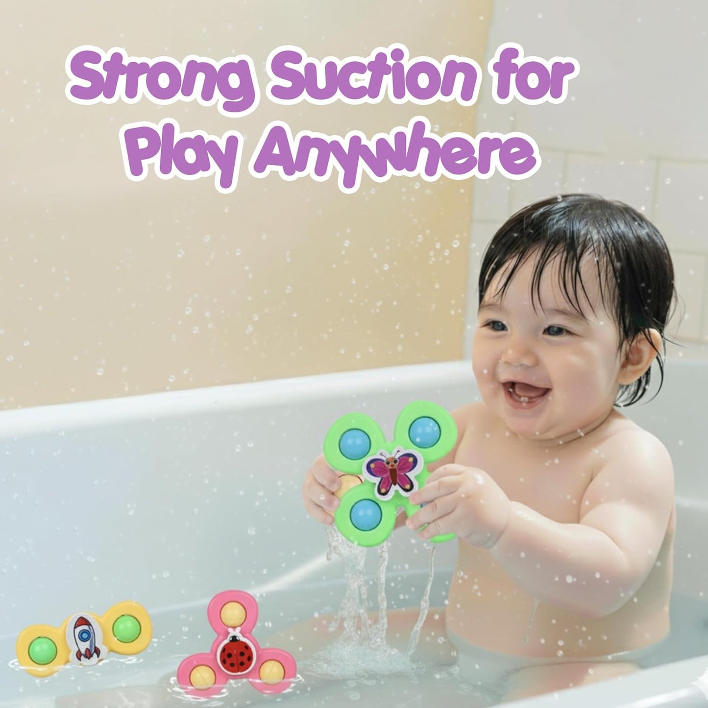 Colorful Wukusy baby spinner toy set with three sensory spin toys featuring suction cups for engaging sensory play.