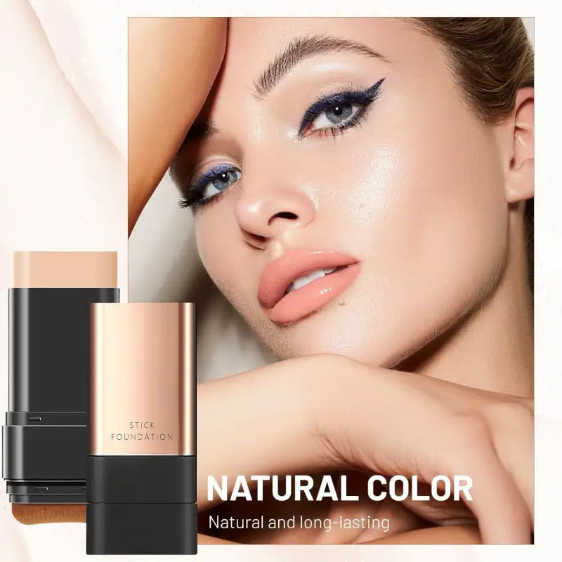 Ekom 2-in-1 luxury anti-wrinkle foundation stick with double head applicator and brush for natural, long-lasting makeup.