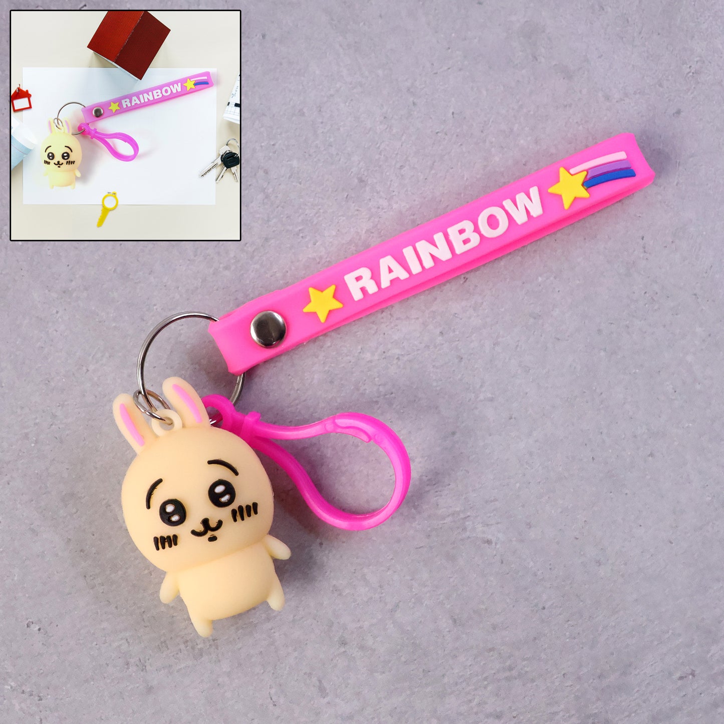 Cute bunny character keychain from Wukusy with a soft plush design and adorable facial features, ideal for keys or bags.
