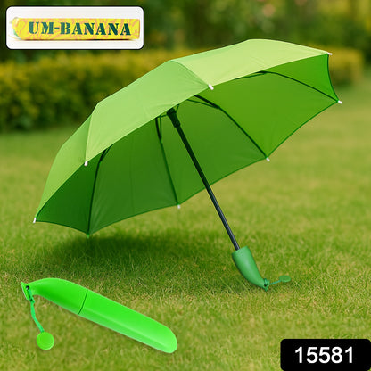 Green Wukusy travel banana-shaped mini foldable umbrella open, showing its compact, stylish design perfect for on-the-go weather protection.
