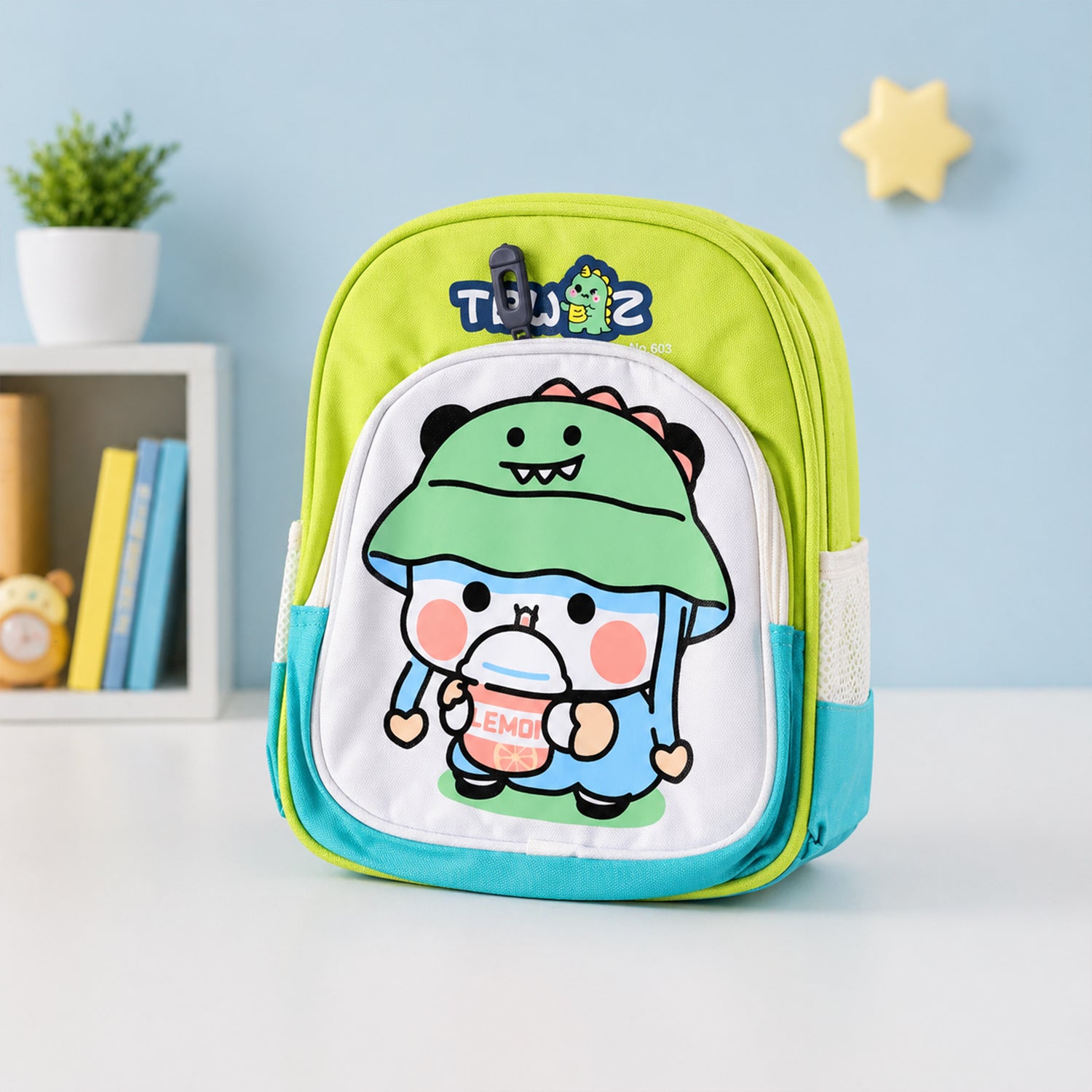 Cute cartoon printed kids sling backpack by Wukusy, lightweight school bag with colorful cartoon design, 28x23 cm size.