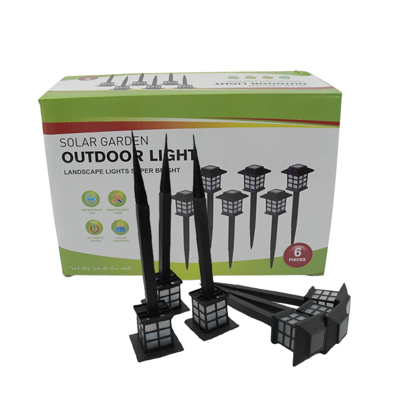 Set of six Wukusy solar outdoor pathway lights, waterproof LED landscape lights for garden walkways, driveways, and yards.