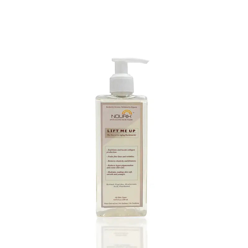 Nourix Lift Me Up Face Wash by 11012 for radiant, youthful-looking skin, shown in a sleek bottle with a pump dispenser.
