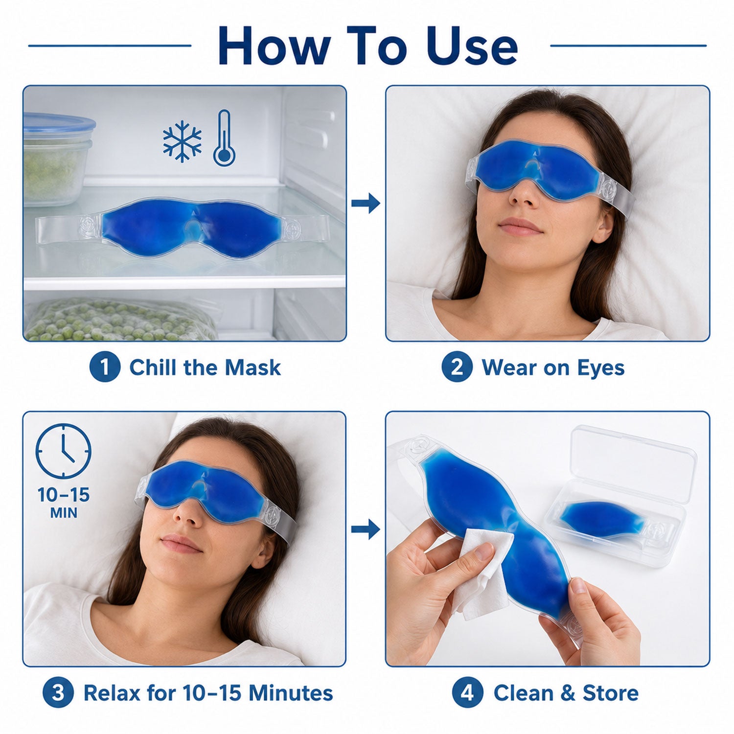 Small blue Wukusy eye mask with cooling gel for relaxation and puffiness relief, designed to soothe puffy eyes comfortably.