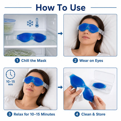 Small blue Wukusy eye mask with cooling gel for relaxation and puffiness relief, designed to soothe puffy eyes comfortably.