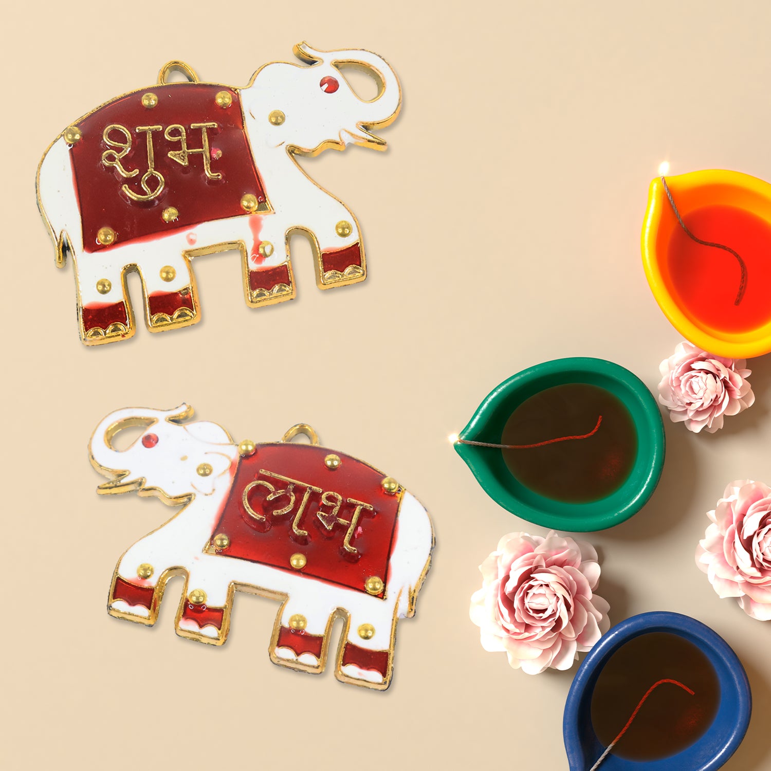 Two Wukusy Shubh Labh elephant decorative wall hangings with intricate designs, ideal for enhancing home decor.