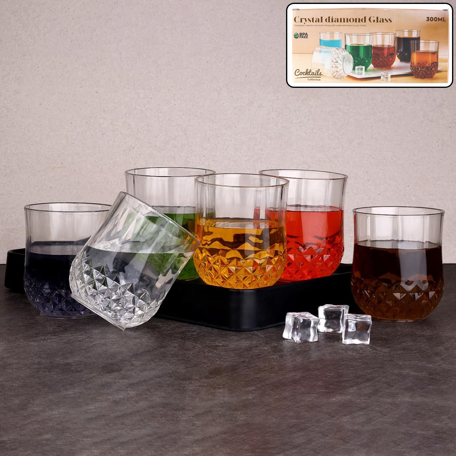Six clear Wukusy diamond-pattern drinking glasses arranged together, showcasing elegant transparent glassware for beverages.