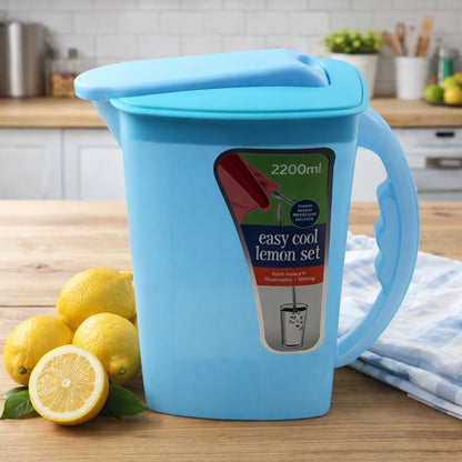 Wukusy Easy Cool Lemon Set water jug with lid and handle, 2200ml capacity, clear plastic with lemon design.