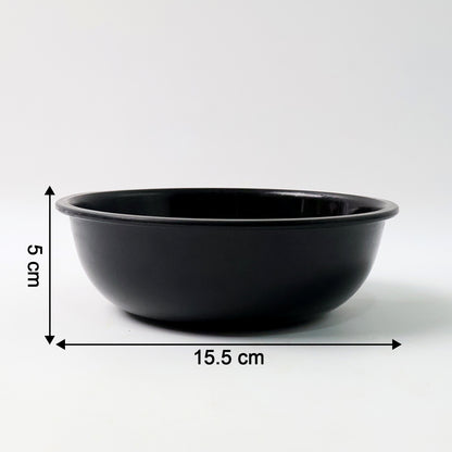 Black plastic 6-inch round deep serving bowl from Wukusy, ideal for home and kitchen use, shown with a smooth, deep interior.