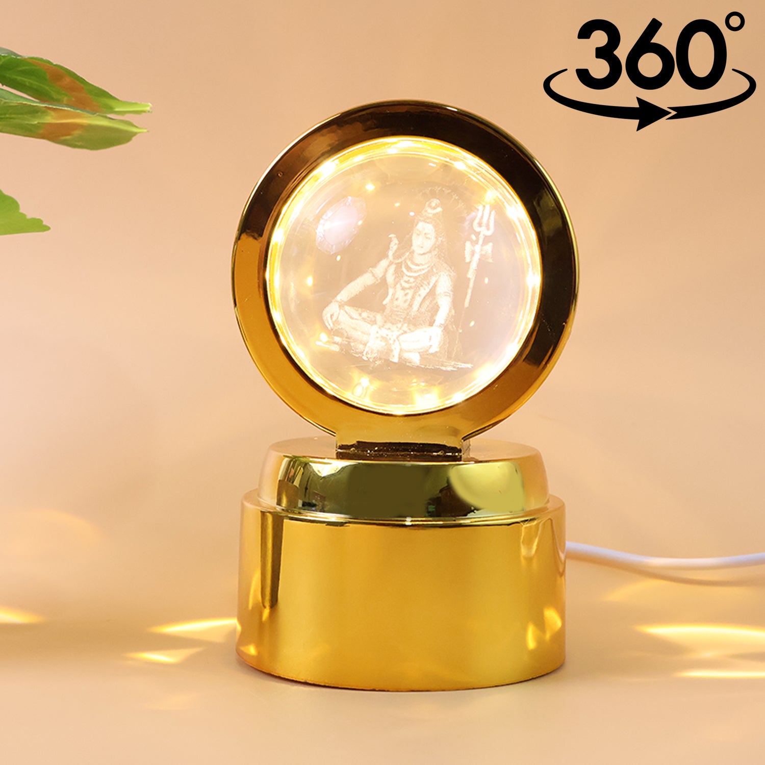 Wukusy Mahadev 3D crystal ball night light illuminating with detailed Mahadev figure inside, ideal for decorative lighting.