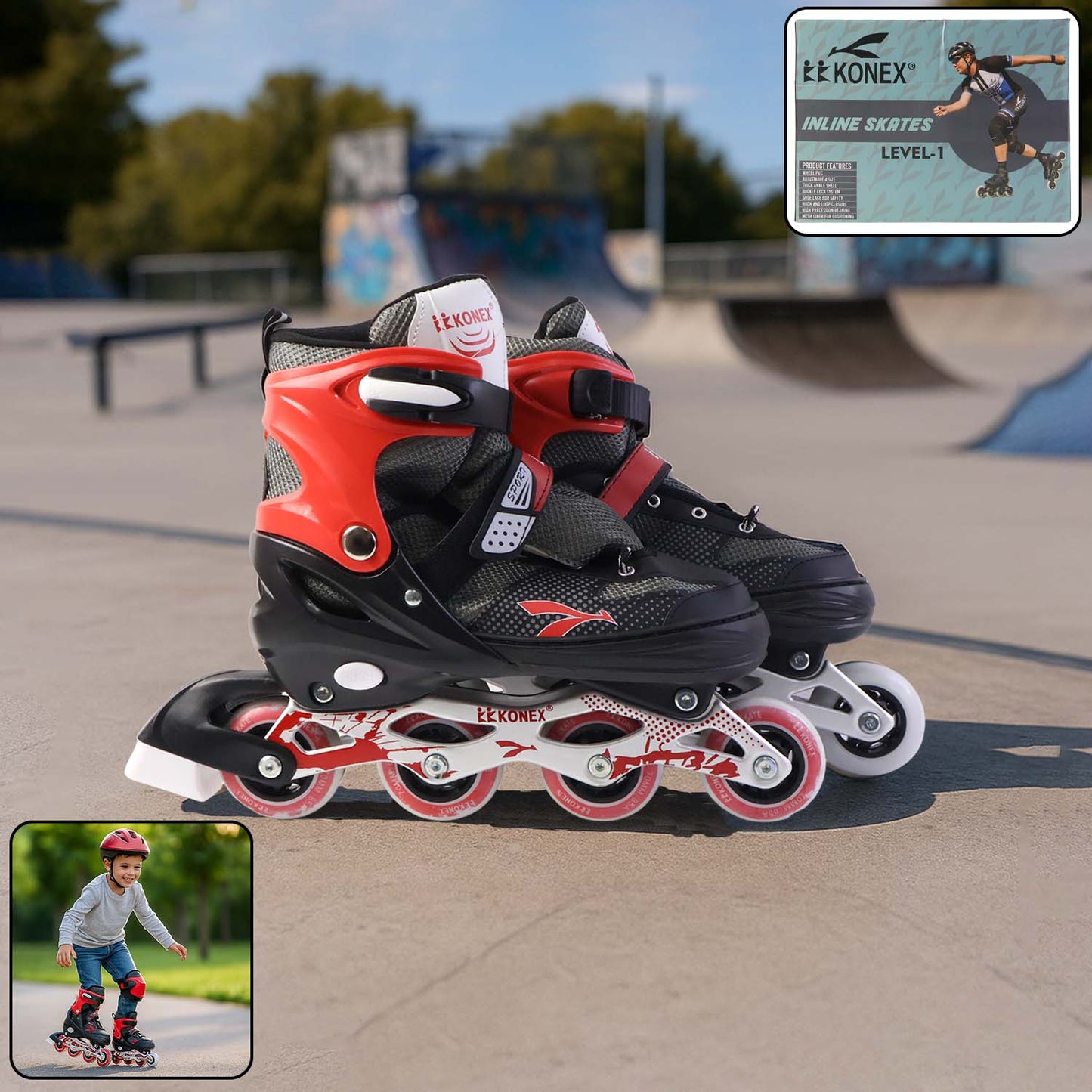 Wukusy professional adjustable inline skates for kids and adults, showing the sleek black and blue design with adjustable straps.