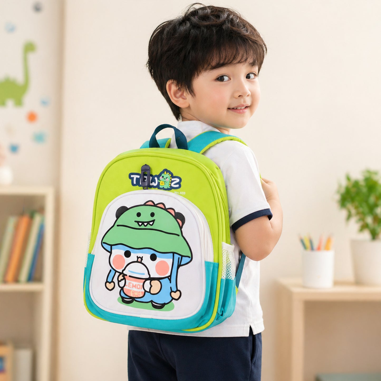 Colorful cartoon printed kids sling backpack by Wukusy, lightweight school bag with adjustable strap and spacious interior.