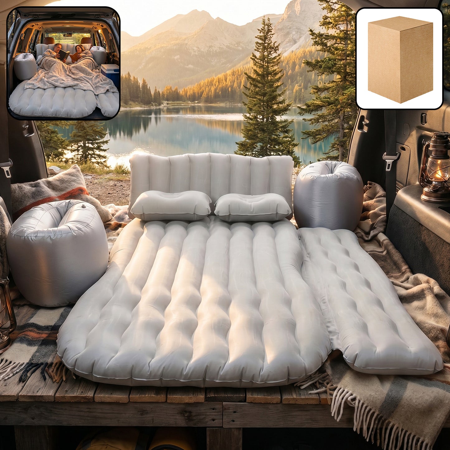 Wukusy portable car air mattress bed set with two pillows and air pump, inflated and laid out inside a vehicle for camping or travel.
