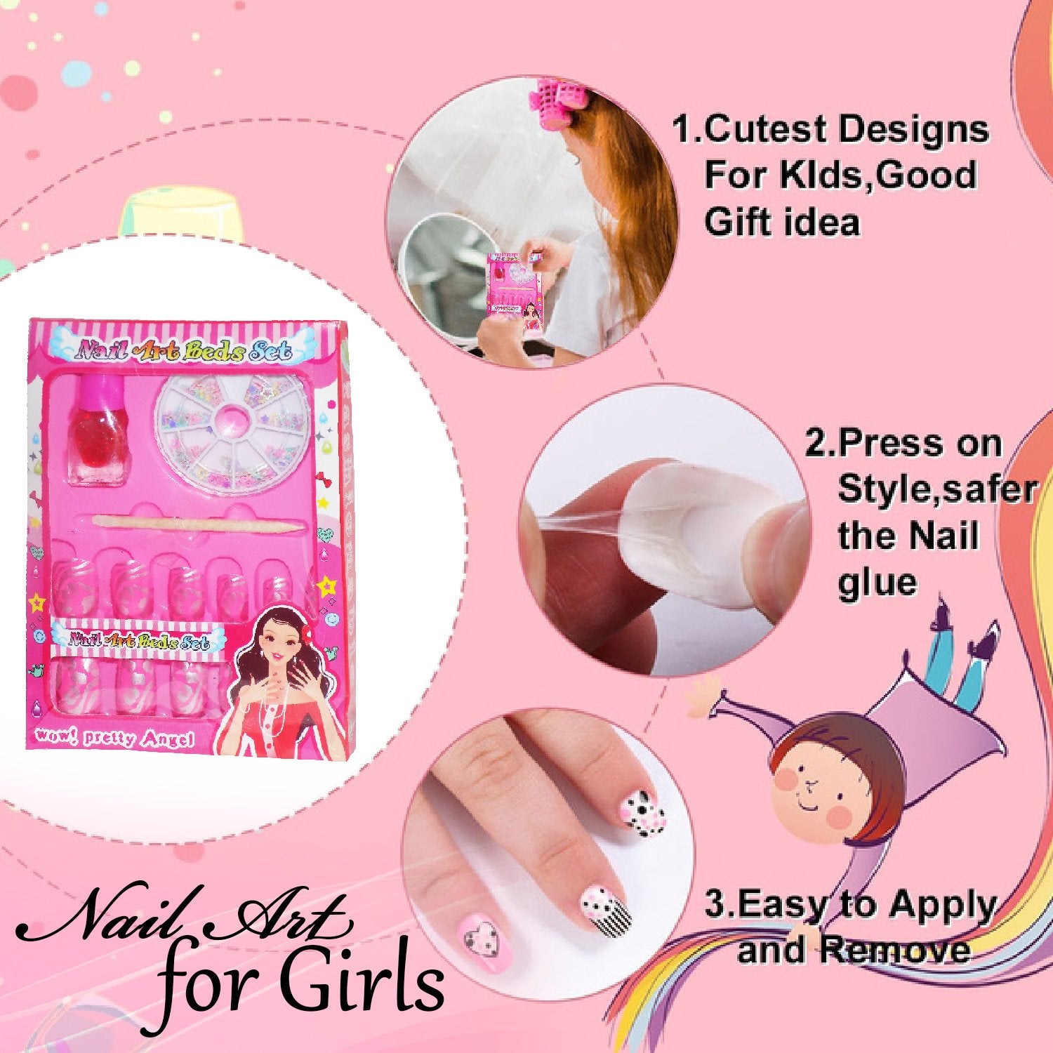 Wukusy Nail Art Studio Manicure Set for Girls with 15 colorful toy tools and nail accessories, perfect for creative pretend play.