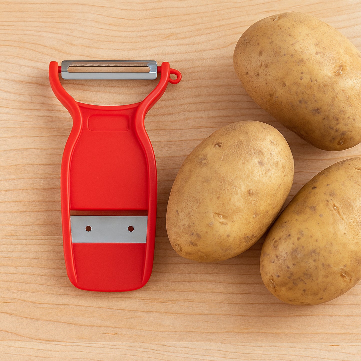 Wukusy Supermom Swiss 2-in-1 slicer peeler with ultra-sharp stainless steel blades for efficient kitchen prep.