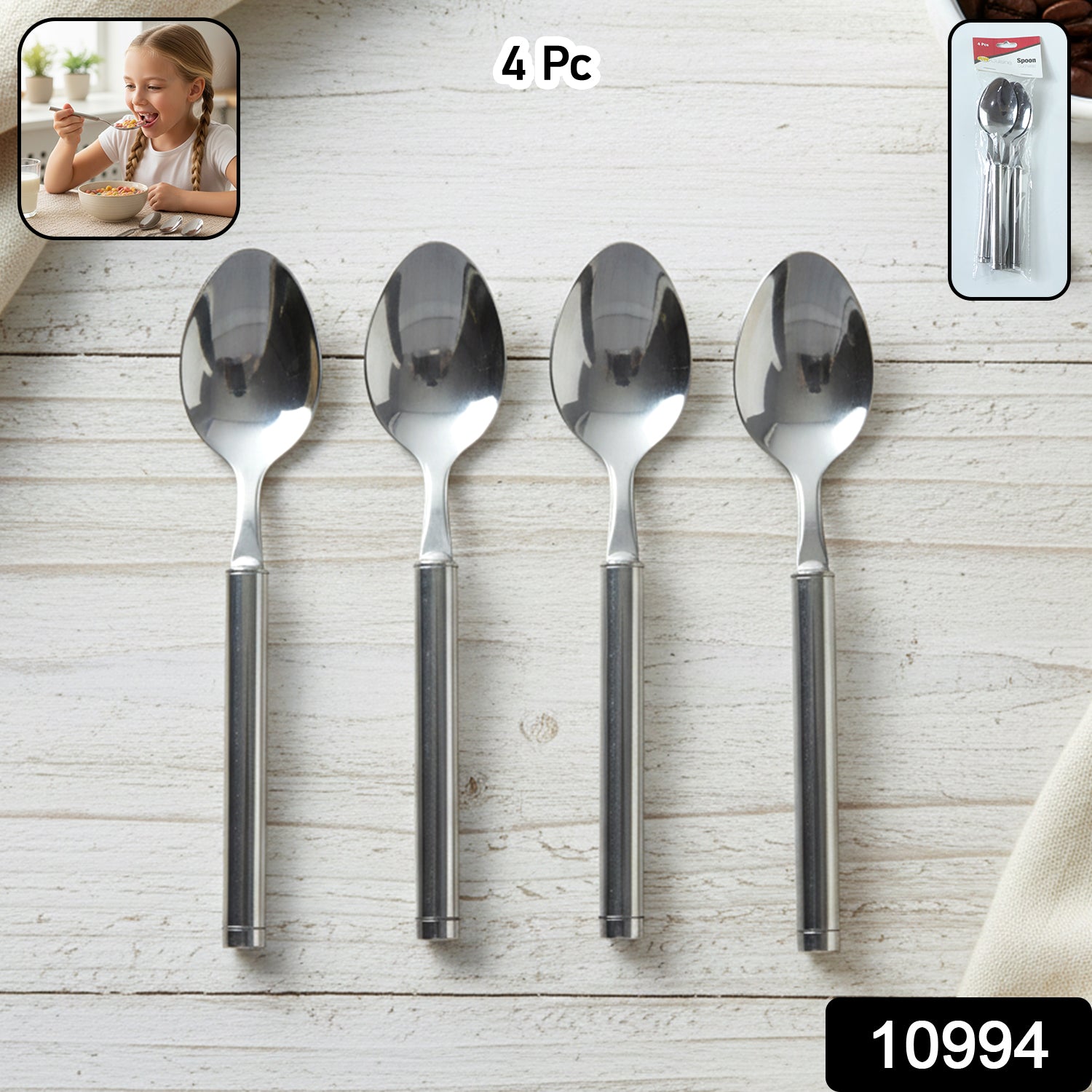 Set of four Wukusy stainless steel dinner spoons with polished finish, ideal for family meals and formal dining.