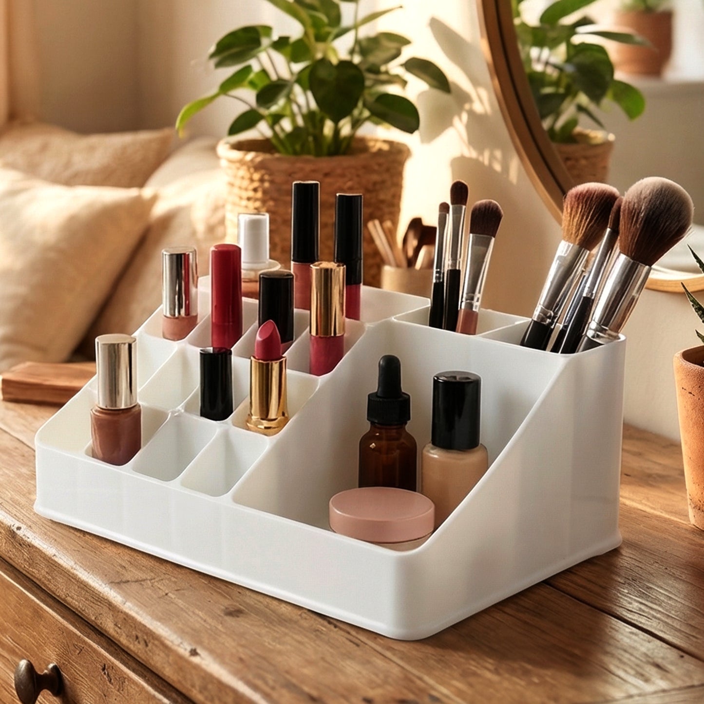 Wukusy multipurpose makeup organizer storage box with multiple compartments for cosmetics and beauty tools, clear and sturdy design.