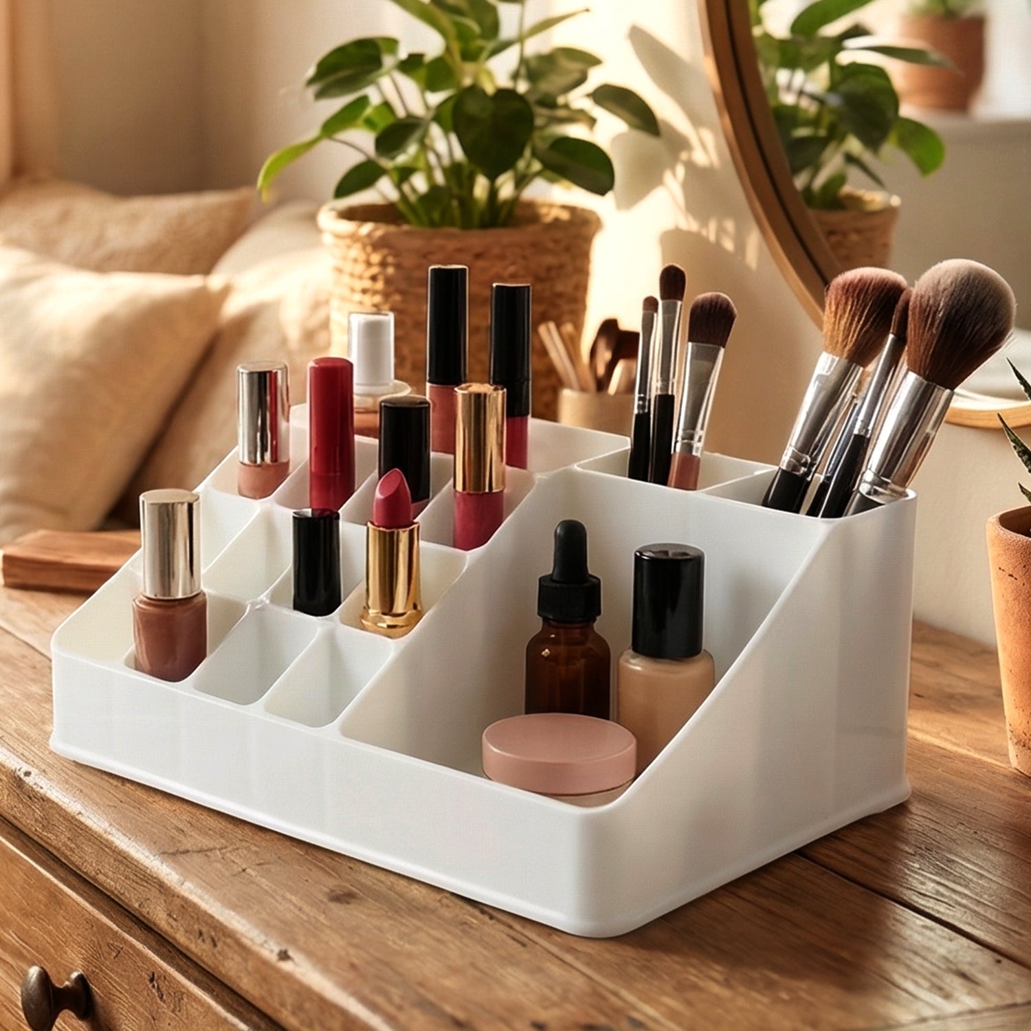 Wukusy multipurpose makeup organizer storage box with multiple compartments for cosmetics and beauty tools, clear and sturdy design.