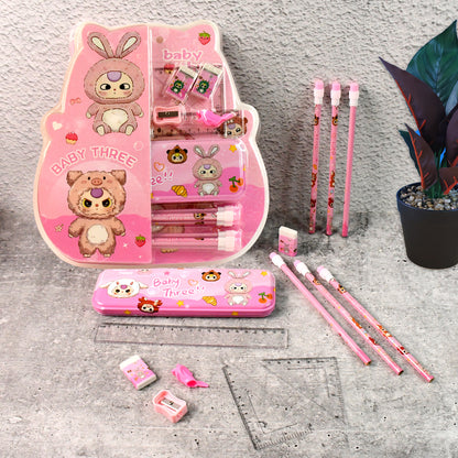 Colorful Wukusy cartoon stationery gift set for kids with 14 pieces including pens, pencils, and erasers arranged on a table.