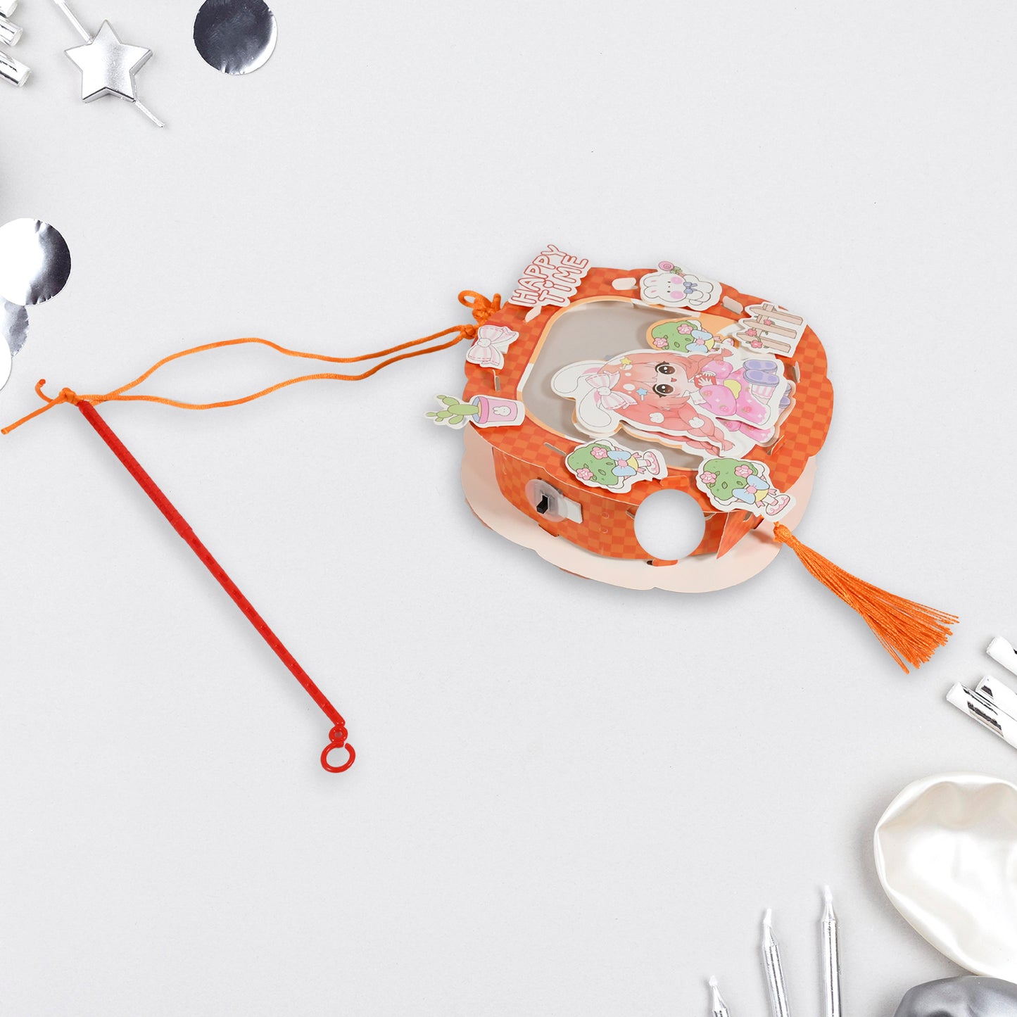 Handmade cartoon paper lanterns from Wukusy, portable and hollow-out LED lamps, ideal for festival and party decor, hanging in an office.